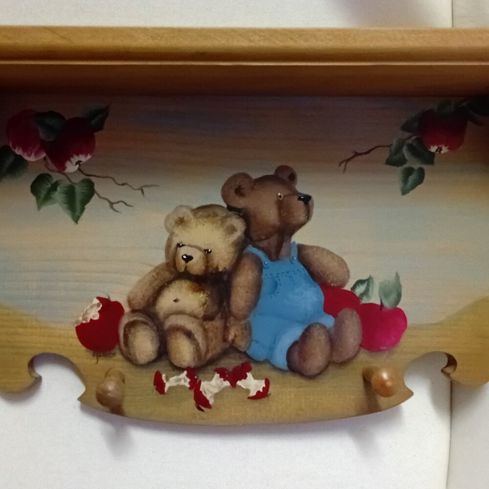 Handcrafted, Handpainted Solid Pine Wood Wall Shelf With Hooks Signed by Artist